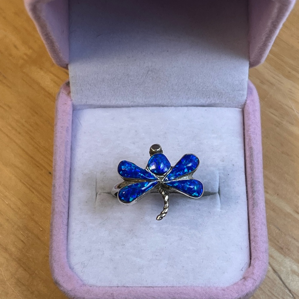 Signed Native Zuni Joann Cooeyate Blue Fire Opal Dragonfly Size 7.5 Ring